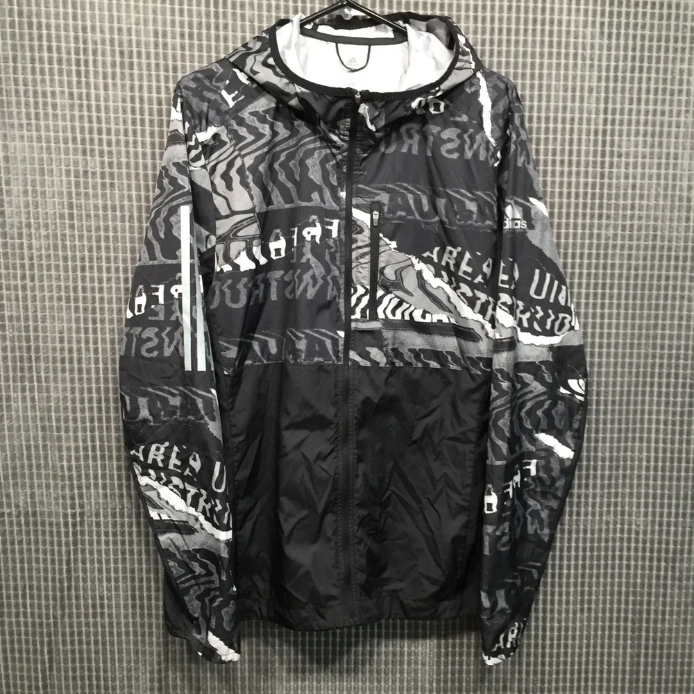 Adidas Mens Running Windbreaker Jacket Graphic Print Hooded ED9284 Medium Black